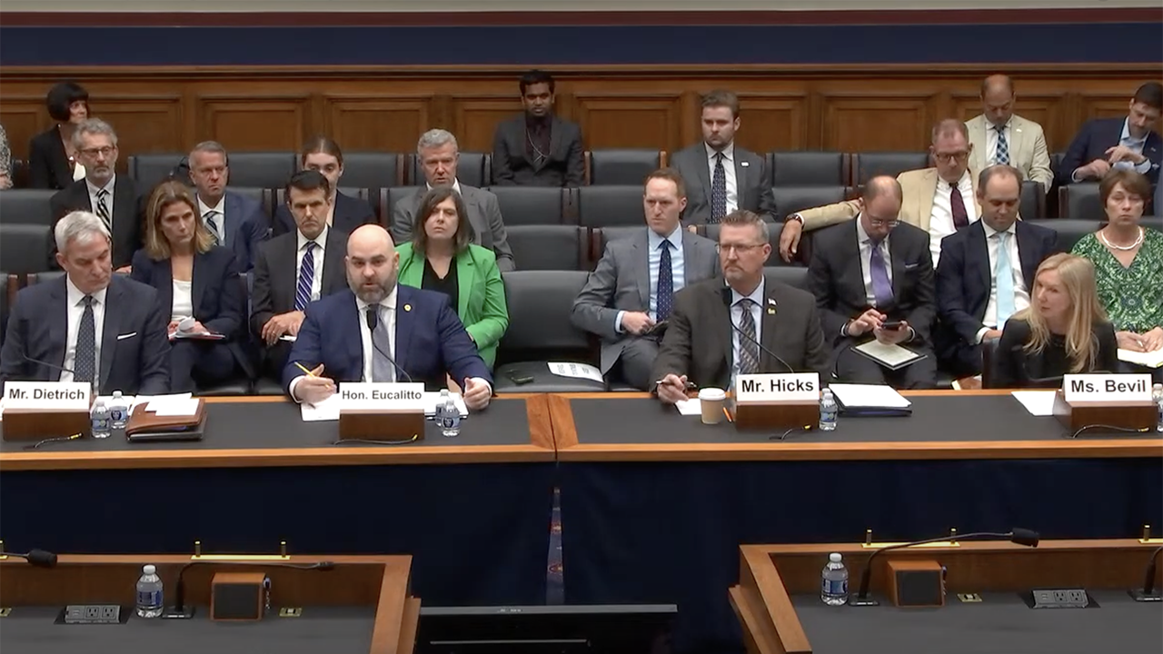 Testifying at the “America Builds: Improving the Efficiency and Effectiveness of Federal Rail Assistance” hearing on May 6 were (left to right): Matthew Dietrich, Ohio Rail Development Commission; Garrett Eucalitto, Connecticut DOT, on behalf of AASHTO; Kevin Hicks, TranSystems, on behalf of NRC; and Kristin Bevil, Pinsly Railroad Company, on behalf of ASLRRA. (Screen Grab from House Rail Subcommittee Hearing Video)
